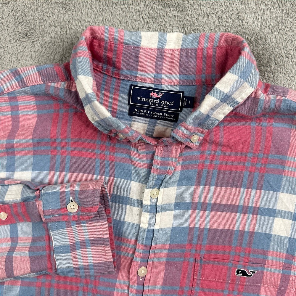 Vineyard Vines Mens Slim Fit Tucker Shirt‎ Pink Blue Plaid Cotton Linen Large
